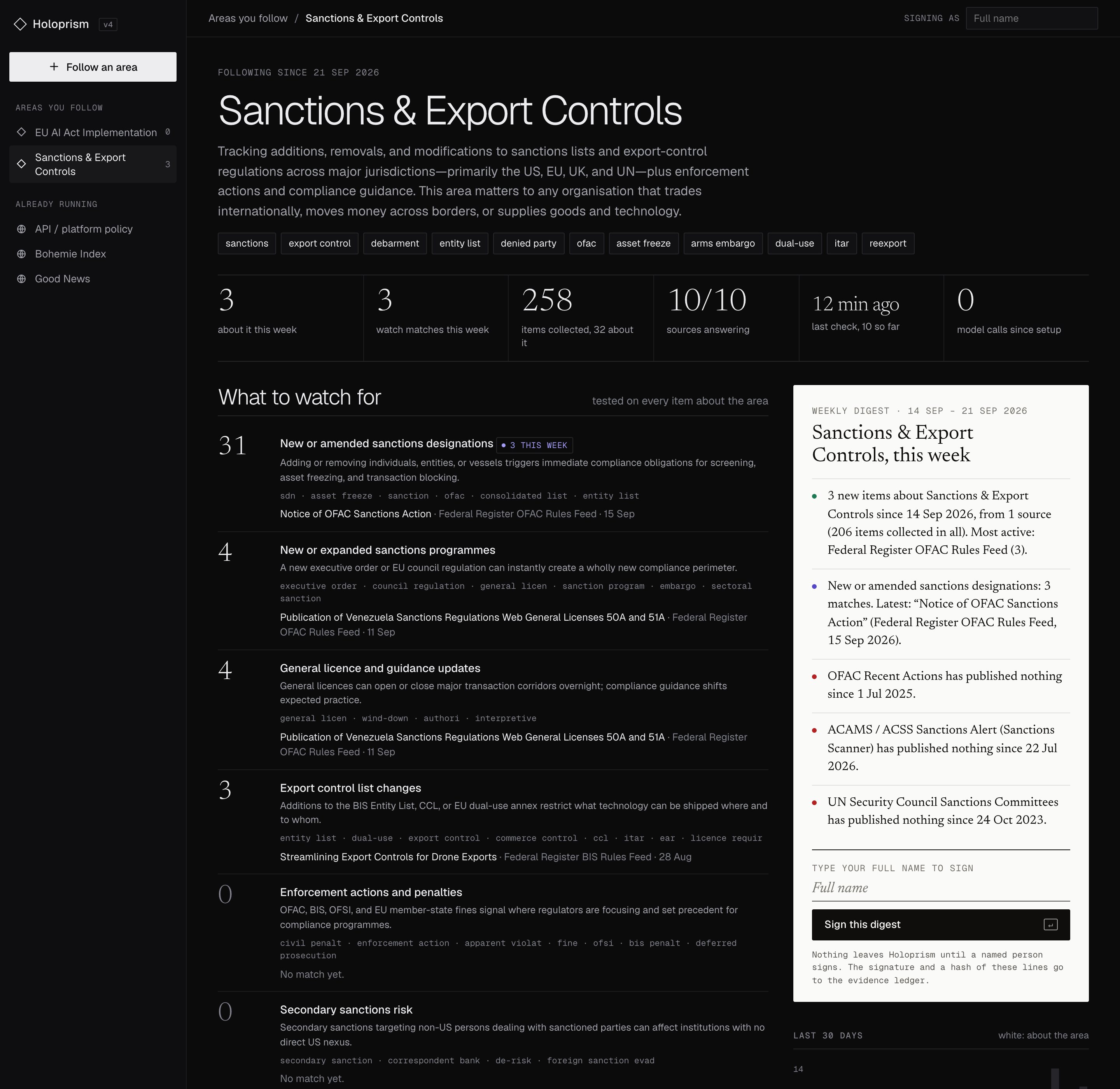 An area in Holoprism: Sanctions and Export Controls, with this week's items, the signals it watches for and the weekly digest to sign